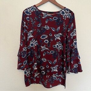 Gibson Burgundy and Blue Floral Long Bell Sleeve Women's Tunic Top Size Small